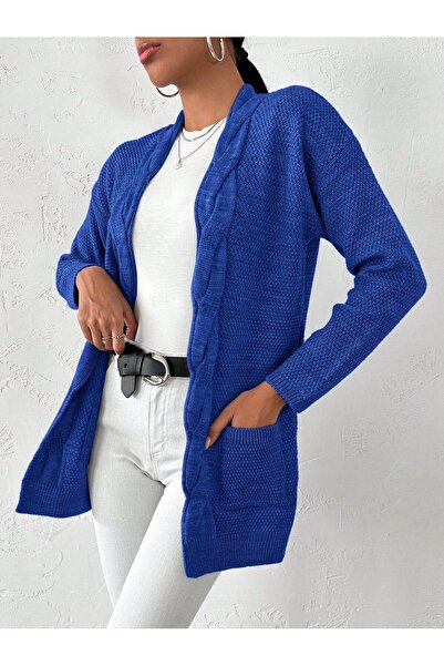 AQE FASHION Kötött csíkos, kényelmes szabású, rugalmas zsebes női Saks kötött kardigán