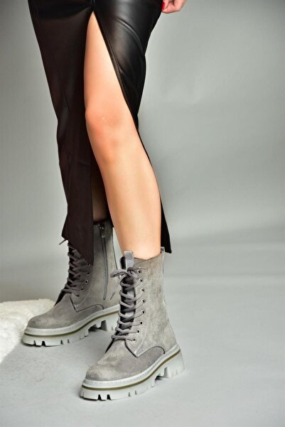 Fox Shoes R524802202 Gri Süet Bağcıklı Kadın Postal Bot
