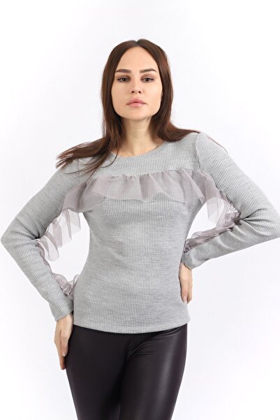 Sense Πλεκτή μπλούζα καμιζόλα από τούλι με κορδόνια μπροστά και μανίκια |   Blz32462 Γκρι