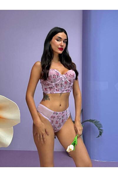 Cansoy Lilac Supported Glittery Floral Bustier Set - 682T