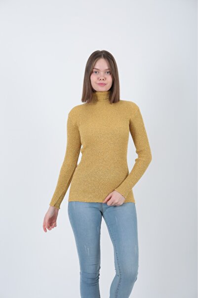 TİGERS Women's Mustard Glitter Knitwear Turtleneck Sweater