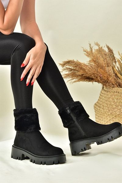 Fox Shoes Μαύρα σουέτ με χοντρή σόλα γυναικείες μπότες Shearling N820203002