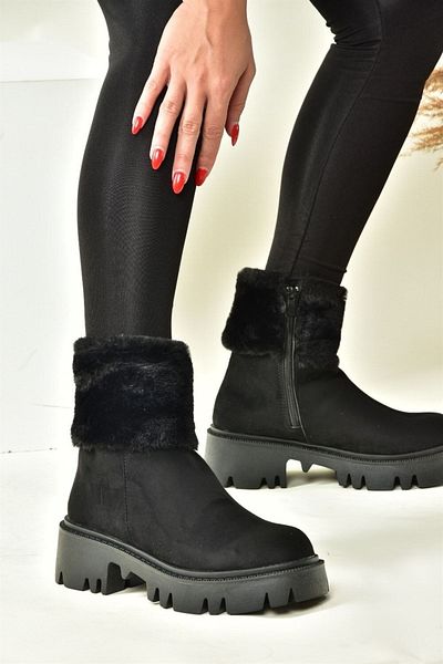 Fox Shoes Μαύρα σουέτ με χοντρή σόλα γυναικείες μπότες Shearling N820203002