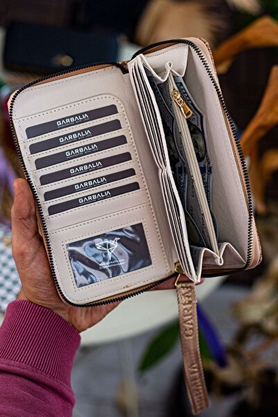 Garbalia Tilburg Wrist Handle Straw Weave Pattern Beige Portfolio Wallet with Lots of Card Holders