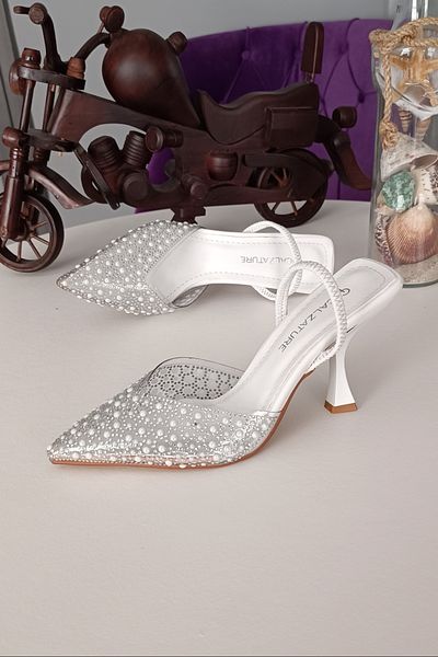 LA CALZATURE Rochie de seara din piele transparenta alba cu toc patrat de 9 cm - rochie de mireasa de zi cu zi Pantofi de dama
