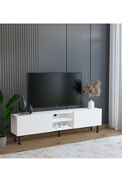 subahome Minimalist 160 cm Düşme Kapaklı Demir Ayaklı MDF Beyaz Tv Ünitesi - ...