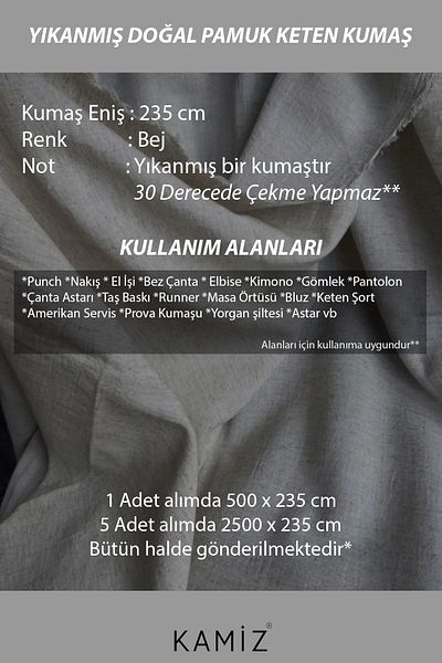 KAMİZ 5 μέτρα πλυμένο λινό ύφασμα βαμβακερό λινό 230cm οργανικό - φυσικό - ύφασμα punch