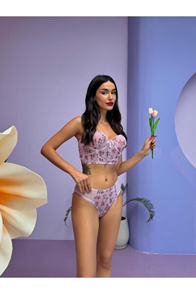 Cansoy Lilac Supported Glittery Floral Bustier Set - 682T
