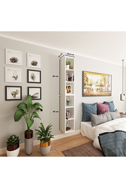 Dekormer Design Kitaplık Dikey Duvar Rafı İkili Birleşik Mobilya Takım Beyaz