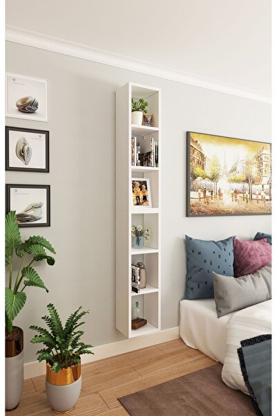 Dekormer Design Kitaplık Dikey Duvar Rafı İkili Birleşik Mobilya Takım Beyaz