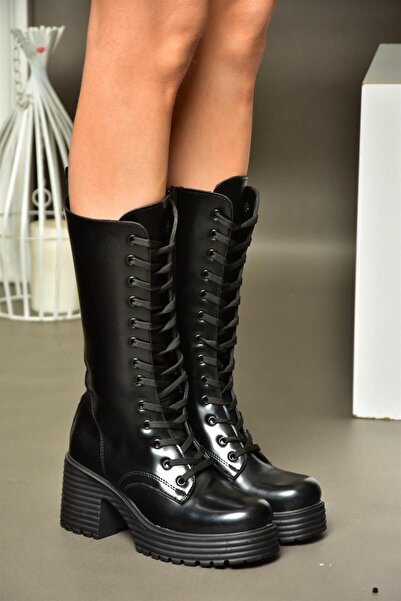 Fox Shoes R996021035 Siyah Açma Deri Kalın Topuklu Kadın Postal Çizme