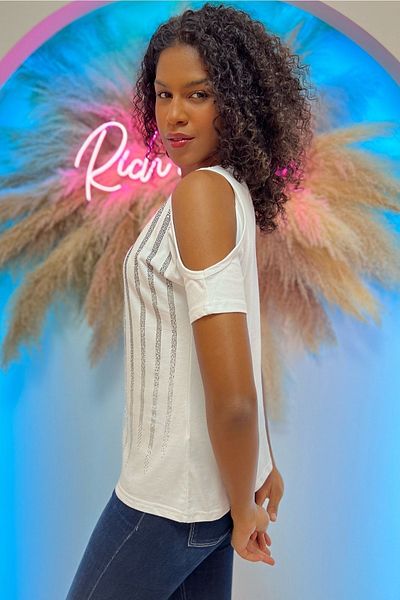 RICH GLAM Tricou alb cu mânecă scurtă din bumbac, cu model de piatră de cristal, fără umăr, M L XL 2XL
