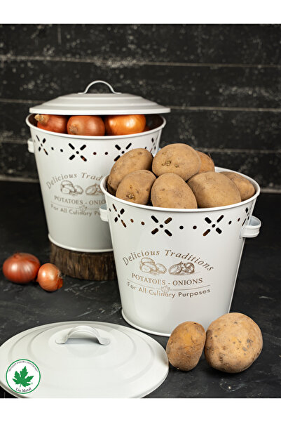 LİNMETAL Lüx Metal Patates Soğanlık Kovası Sebze Saklama Kabı Beyaz