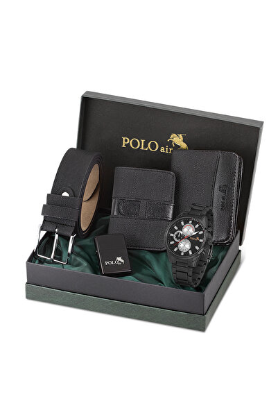 Polo Air Erkek Kol Saati Metal Kordon Kemer Cüzdan Kartlık Çakmak Set Kombin Siyah Set Pl-0834e1