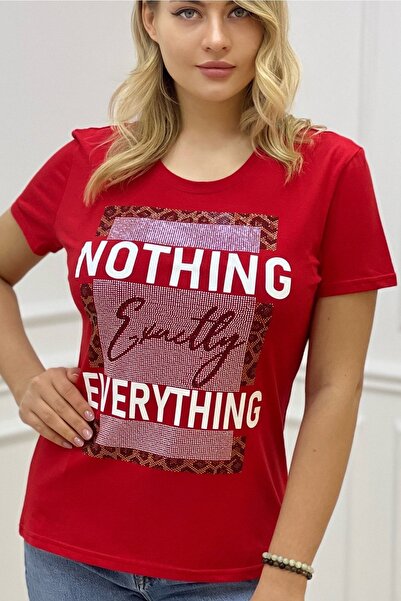 RICH GLAM Premium CoTTon - CrysTal STone PrinTed Crew Neck ComforTaBle Women's T-shirt, Large Size