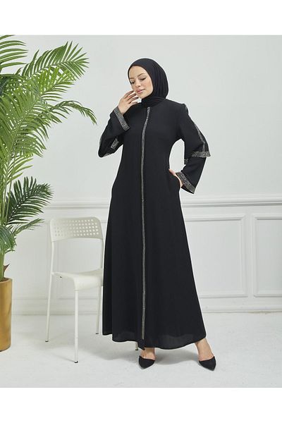 Limante Double Arm Stoned Model Crepe Fabric Black Ferace