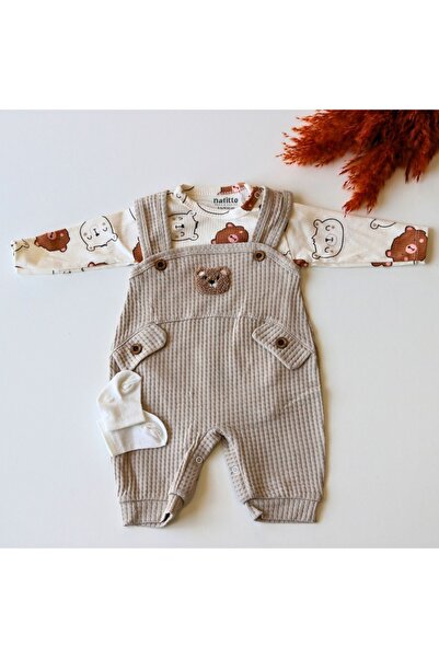 shopintur Punch Teddy Bear Embroidered Baby Boy Waffle Salopet (with Socks) -...