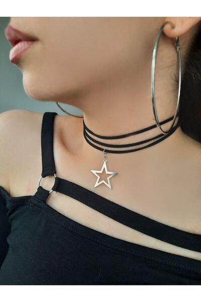 Cey's fashion Yıldızlı Kolye Bağcıklı kolye Siyah Choker tasma kolye