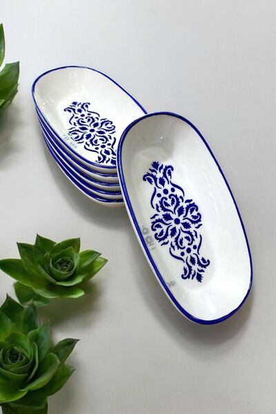 Tabak Home نبات القراص الأزرق السيراميكي الفاخر - 6 قطع قارب بيضاوي، الإفطار،...