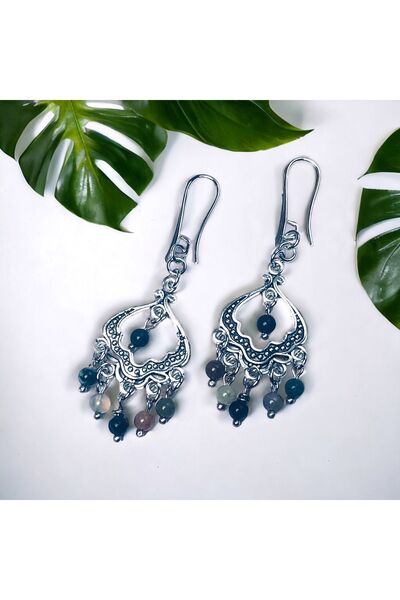 PureBlueCollection Hint Akik Doğal Taş Etnik Küpe - El Yapımı Retro Gümüş Kap...