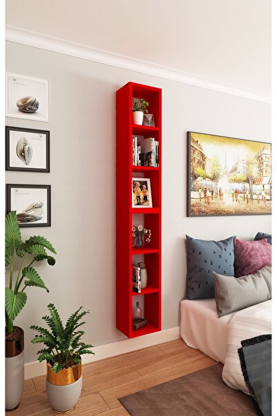 Dekormer Design Kitaplık Dikey Duvar Rafı İkili Birleşik Mobilya Takım Kırmızı