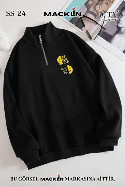 macklin Unisex žene muškarci srećno lice kao ti Štampano poluzipper Visoka kr...