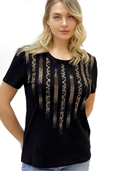 RICH GLAM Leopard Crystal Stone Short Sleeve Crew Neck Plus Size Cotton Black Women's T-shirt