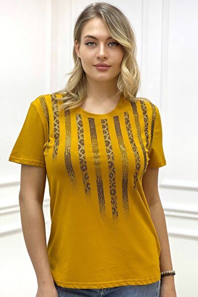 RICH GLAM large Size Plus Size leopard CrysTal Stone Cotton MusTard Women's T-shirt - Short Sleeve, Crew NecK