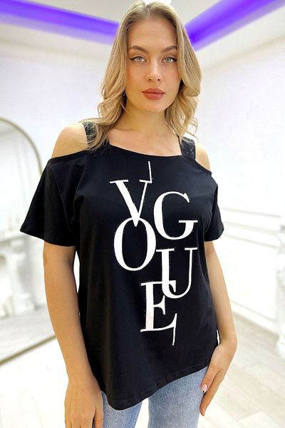 RICH GLAM Loose Cut Off-The-Shoulder Printed Crystal Rhinestone Large Size Stylish Cotton Women's T-Shirt