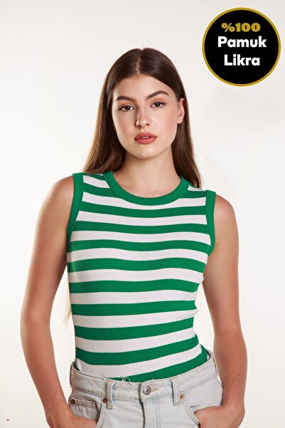 MİSS M.A.T FASHİON Πράσινο λευκό ριγέ κοτλέ ελαστικό ύφασμα Γυναικείο μπλουζάκι - Μηδενικό μανίκι, λαιμόκοψη