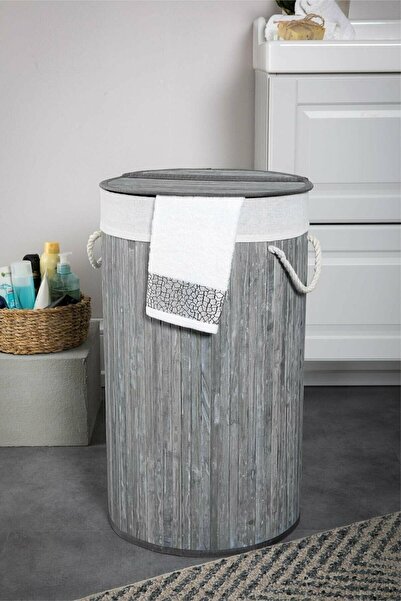 E-LİFE HOME Katlanır Oval Bambu Çamaşır Kirli Sepeti Fma331916