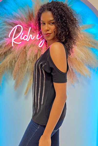 RICH GLAM Μαύρο off-the-Shoulder Crystal Stone στάμπα βαμβακερό κοντομάνικο κομψό γυναικείο μπλουζάκι - M L XL 2XL