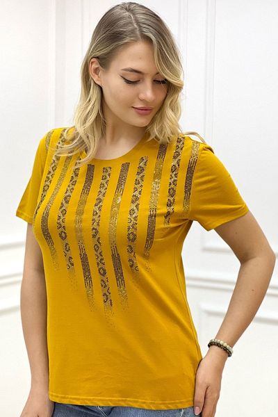 RICH GLAM large Size Plus Size leopard CrysTal Stone Cotton MusTard Women's T-shirt - Short Sleeve, Crew NecK