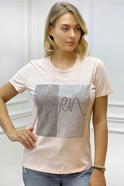 RICH GLAM Heaven Crystal Stoned Large Size Crew Neck Cotton Powder Women's T-shirt L Xl 2xl 3xl