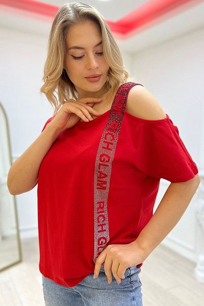 RICH GLAM Loose Cut Plus Size One Shoulder Open Crystal Stone Women's Short Sleeve Cotton Red T-shirt