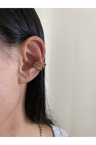 ringbox Kadın Zirkon Taşlı 3 Sıra Gold Kıkırdak Küpe Earcuff