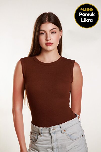 MİSS M.A.T FASHİON Γυναικείο μπλουζάκι με λαιμόκοψη κοτλέ ελαστικό ύφασμα καφέ αθλητικό μπλουζάκι