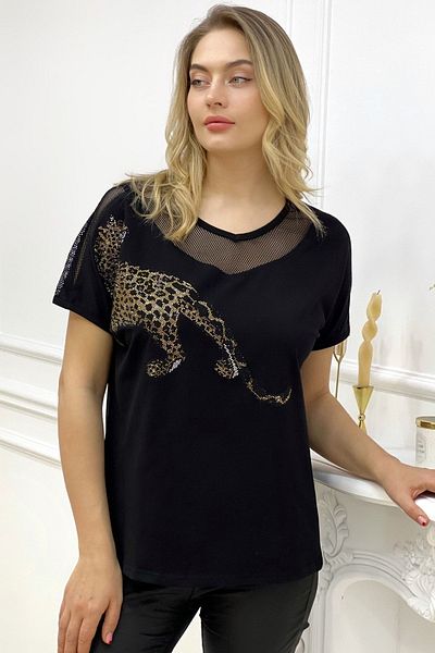 RICH GLAM Tricou negru pentru femei, din bumbac, cu detaliu din plasă, cu detaliu din cristal de tigru