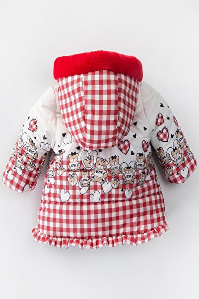 Genel Markalar YENİ Sevimli Özel Tasarım Bear Baskılı Fırfır Detaylı Varaklı İçi Kürklü Kışlık Kaban- Mont