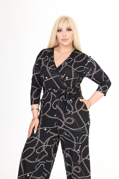 MJORA Plus Size Chain Patterned DouBle-Breasted Collar Jumpsuit