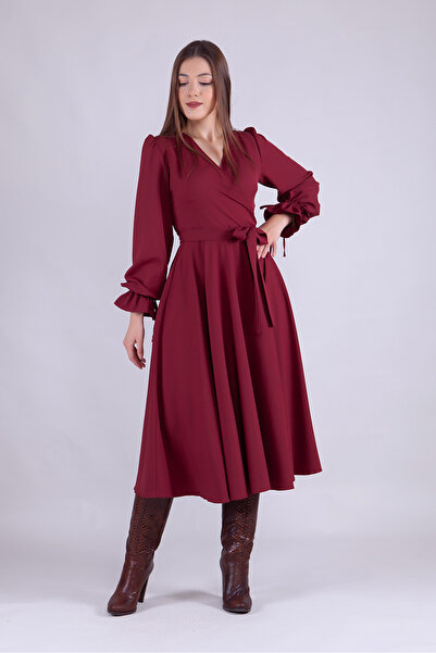 RURIS Burgundy Double Breasted Collar Belted Long Sleeve Midi Dress