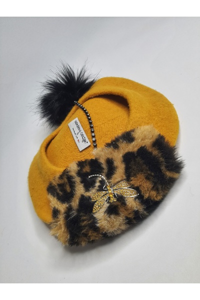 Senbeno Design ÖZGÜN TASARIM LEOPAR KÜRK VE YUSUFÇUK BROŞ DETAYLI SARI KADIN FRANSIZ RESSAM BERESİ ŞAPKA