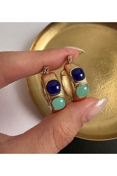 ringbox Turquoise Gold Jewelled Steel Hoop Earrings