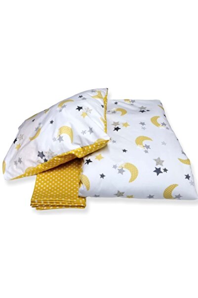 Bebek Özel %100 Pamuklu Bebek/çocuk Yastık Çarşaf Yorgan Seti Sarı Ay Yıldızlı 60x120