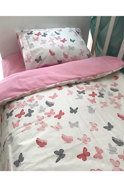 Bebek Özel %100 Pamuklu Bebek/çocuk Yastık Çarşaf Yorgan Seti Pembe Kelebekli 70x110 (Yorganlı)