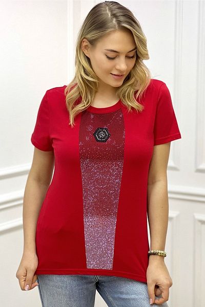 RICH GLAM Crew Neck Crystal Stone Large Size Plus Size Cotton Stylish Comfortable Red Women's T-shirt