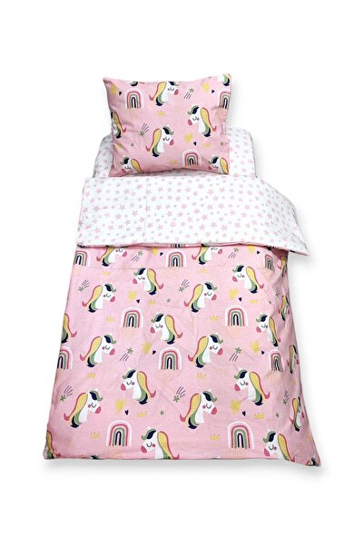 Bebek Özel %100 Pamuklu Çocuk 70x110 Park Beşik Yastık Çarşaf Yorgan Pembe Unicorn (Yorganlı)