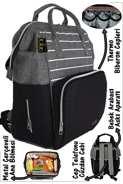 USF Baby Care Bag Mother Baby Care Backpack - Striped Gray Black