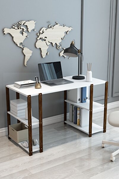 Jest Dekor Konsept Vera Beyaz 4 Raflı Ahşap Kitaplıklı Çalışma, Ders, Bilgisayar Masası - Çift Yönlü Kullanım – Demonte