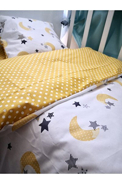 Bebek Özel %100 Pamuklu Bebek/çocuk Yastık Çarşaf Yorgan Seti Sarı Ay Yıldızlı 60x120